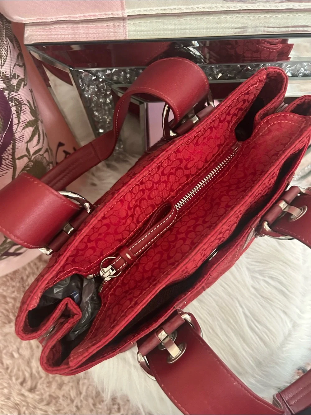 Y2K Vintage 2007 Coach SoHo Cherry Red Canvas Signature C Logo Tote Shoulder Bag